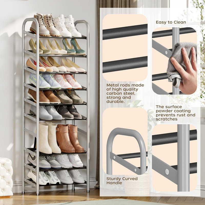 Rebrilliant 10 Tiers Tall Vertical Shoe Rack Narrow Shoe Storage Organizer Holds 20 30 Pairs Of Shoes Sturdy Shoe Shelf Storage Space Saving Metal Shoe Rack For Entryway Closet Bedroom Silver Wayfair